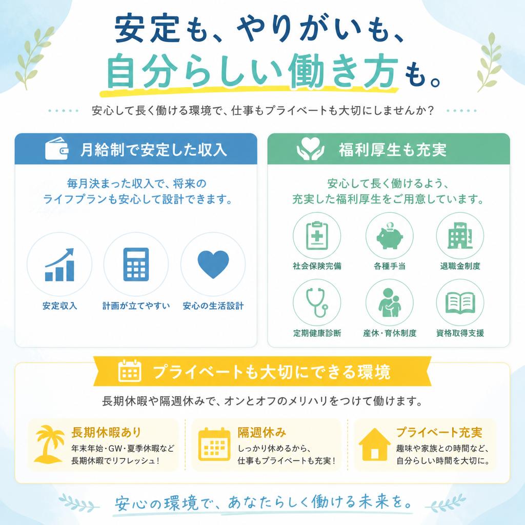 安定した月給制と手厚い福利厚生