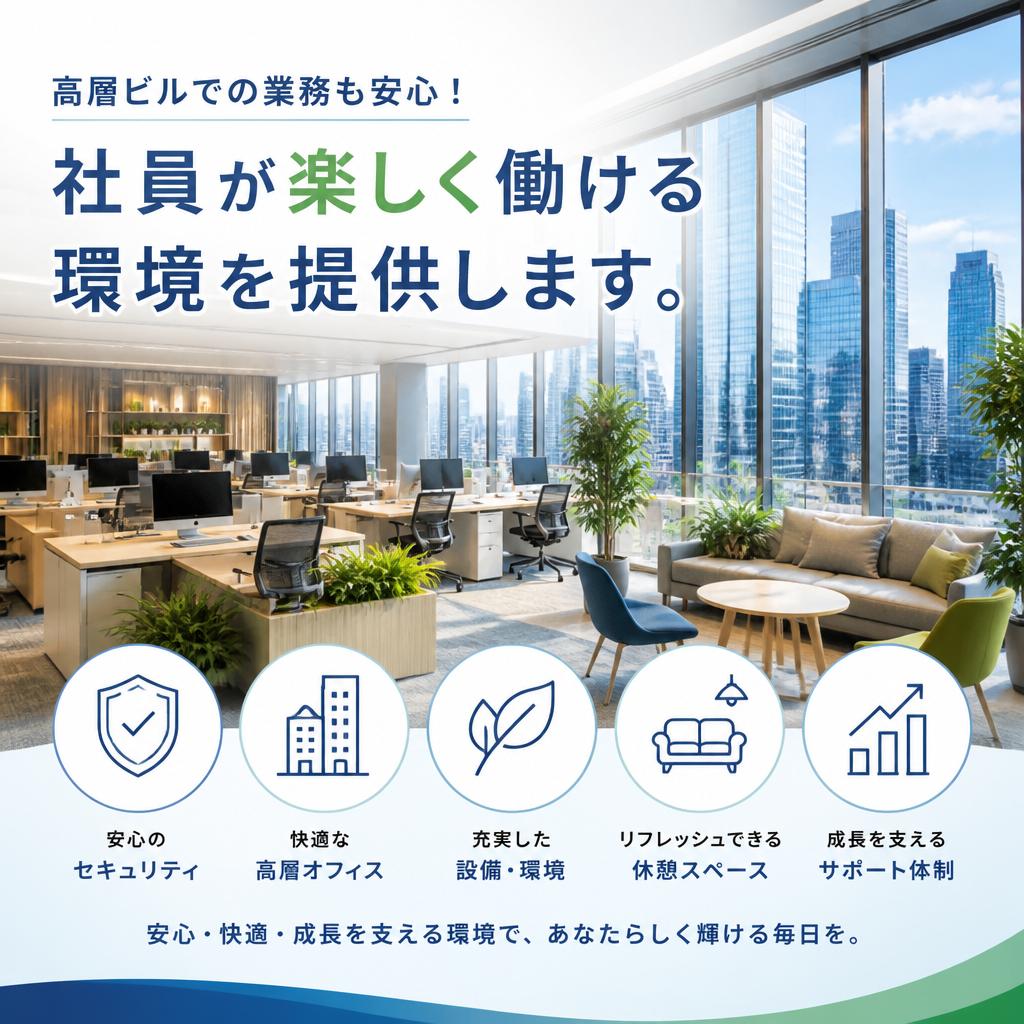 高層ビルでの業務も安心！社員が楽しく働ける環境を提供します。
