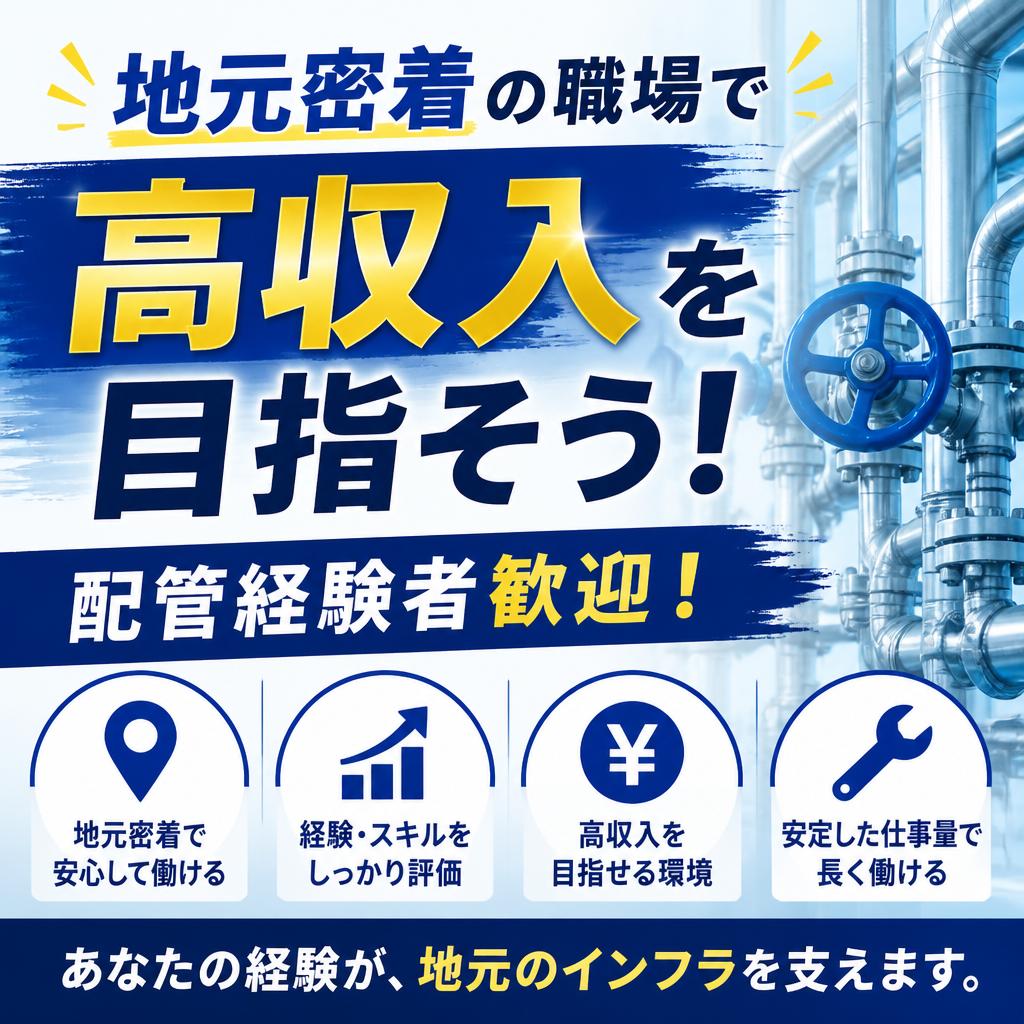 地元密着の職場で高収入を目指そう！配管経験者歓迎！
