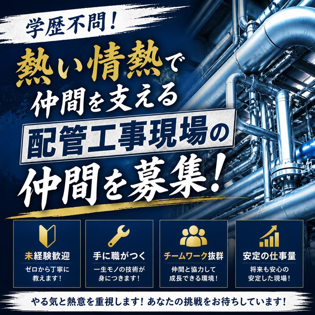 学歴不問！熱い情熱で仲間を支える配管工事現場の仲間を募集