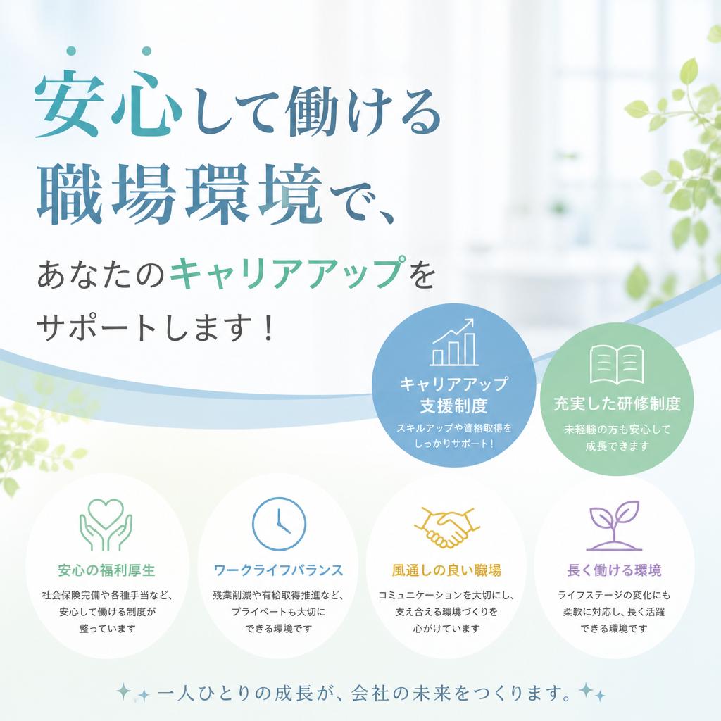 安心して働ける職場環境で、あなたのキャリアアップをサポートします！